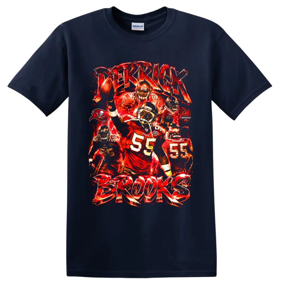 Derrick Brooks number 55 Tampa Bay Buccaneers linebacker collage with bold Brooks on a Navy (Blue) T Shirt