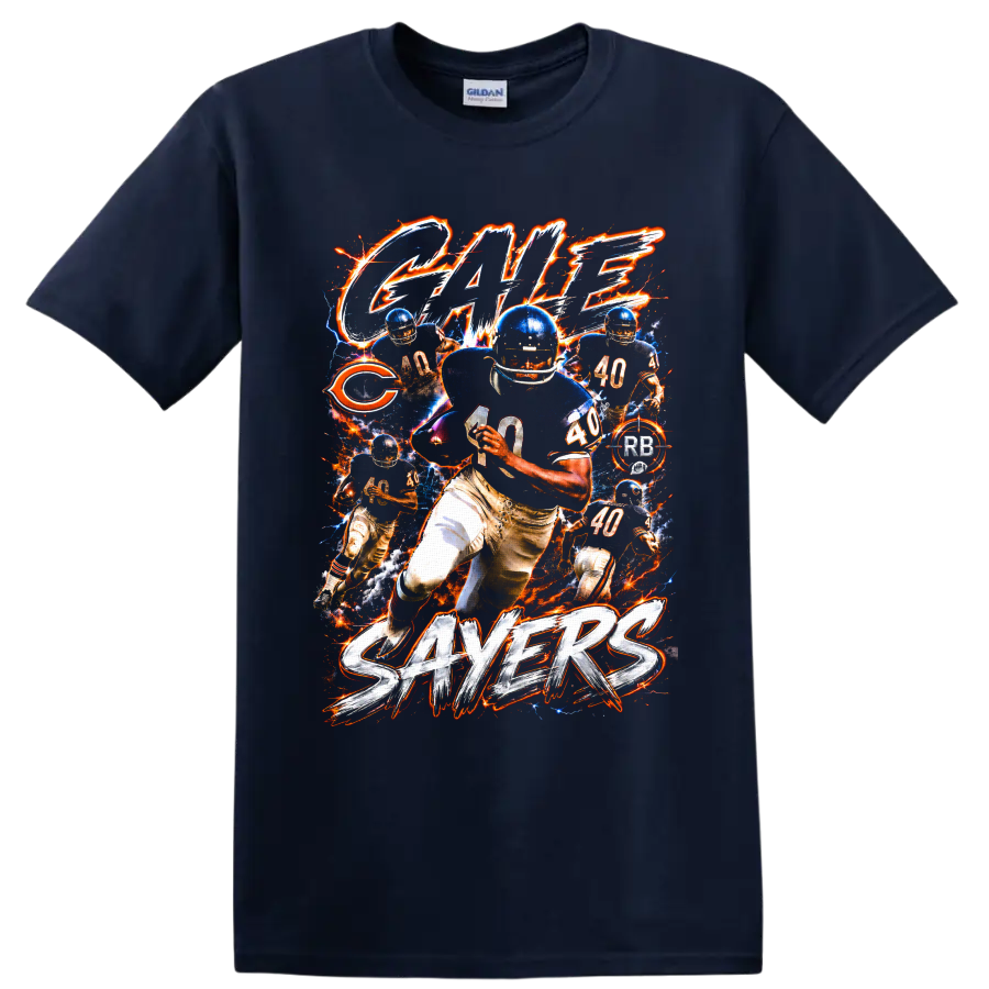 Gale Sayers Chicago Bears No. 40 football action collage with electric fiery effects on a Navy (Blue) T Shirt
