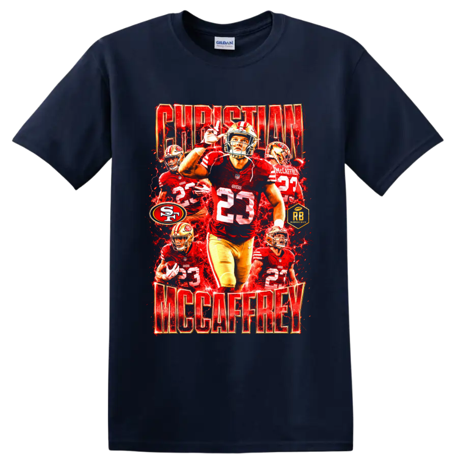 Christian McCaffrey 49ers number 23 football collage with red lightning and player on a Navy (Blue) T Shirt