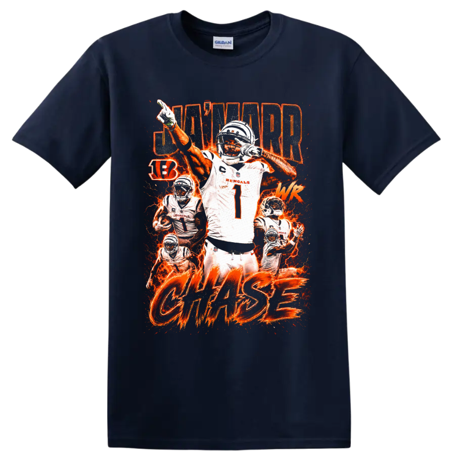 Ja'Marr Chase Bengals number 1 action collage with fiery orange lightning and CHASE text on a Navy (Blue) T Shirt