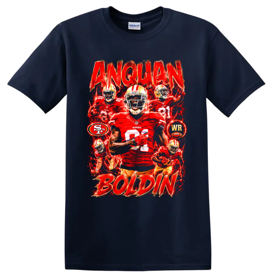 Anquan Boldin 49ers wide receiver action collage with distressed ANQUAN BOLDIN text on a Navy (Blue) T Shirt
