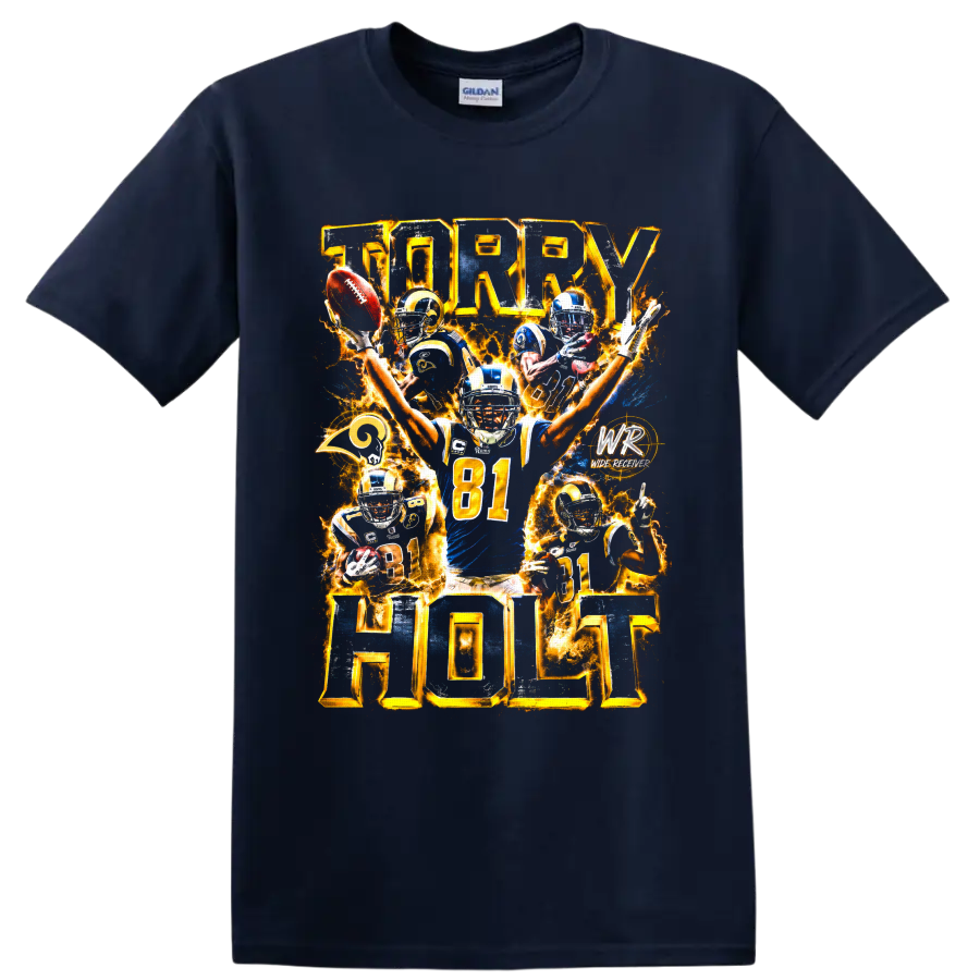 Torry Holt St. Louis Rams number 81 fiery football action collage on a Navy (Blue) T Shirt