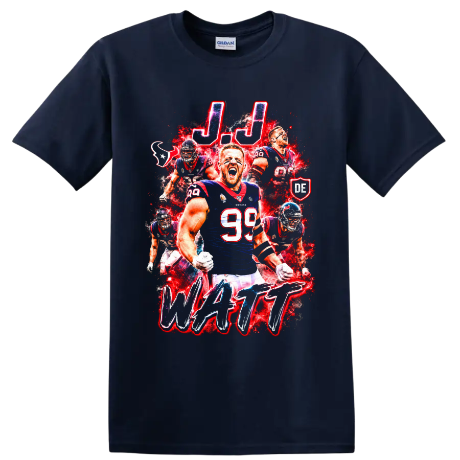 J.J. Watt Houston Texans number 99 football action collage with J.J. and WATT text on a Navy (Blue) T Shirt