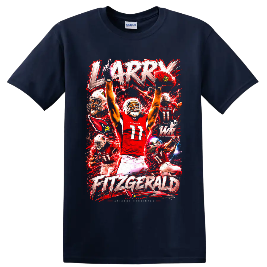 Larry Fitzgerald Arizona Cardinals number 11 action collage with red lightning lettering on a Navy (Blue) T Shirt