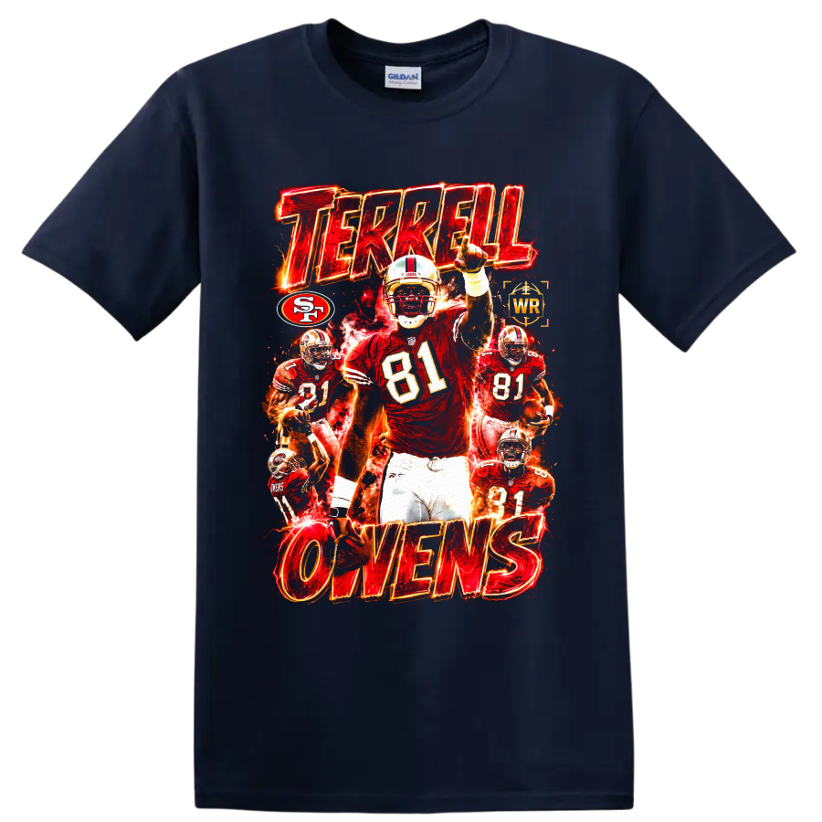 Terrell Owens 49ers number 81 fiery football collage with TERRELL OWENS text on a Navy (Blue) T Shirt