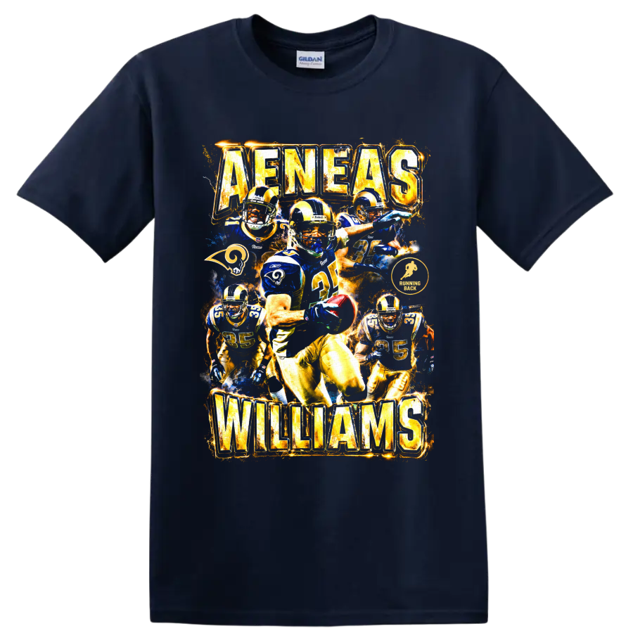 Aeneas Williams St. Louis Rams vintage football action collage with AENEAS WILLIAMS text on a Navy (Blue) T Shirt