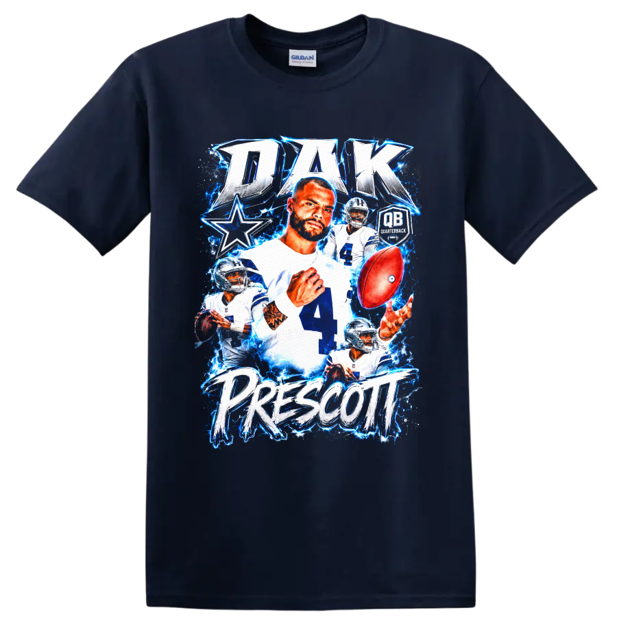 Dak Prescott Dallas Cowboys quarterback collage with football and electric blue effects on a Navy (Blue) T Shirt