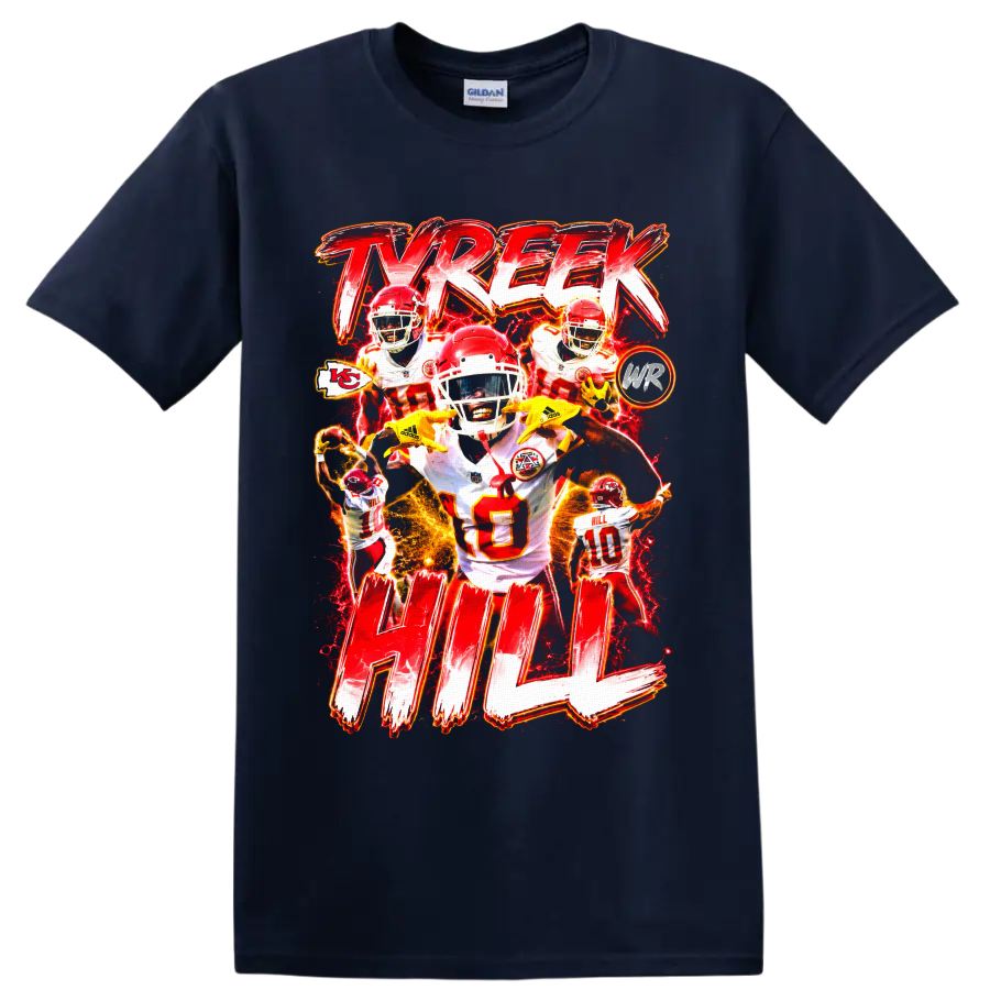 Tyreek Hill Kansas City Chiefs football collage with electric lettering and action poses on a Navy (Blue) T Shirt