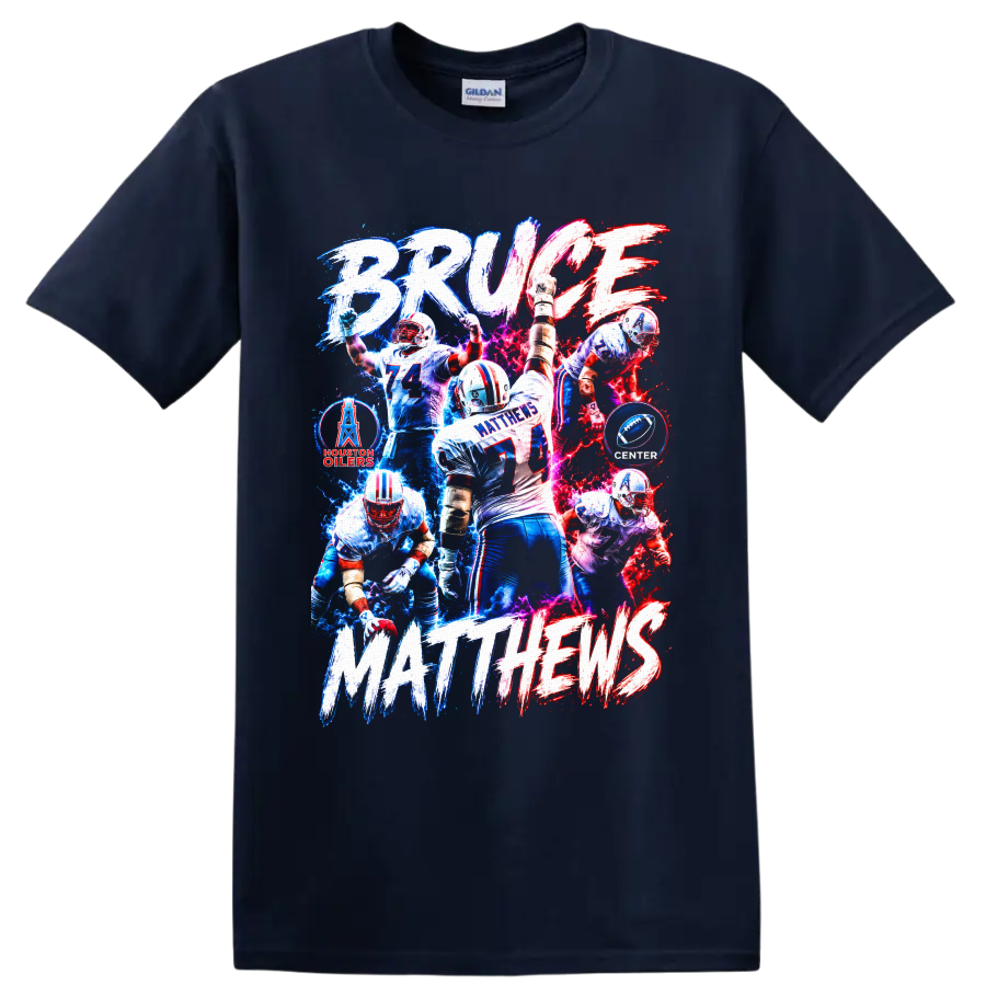 Bruce Matthews Houston Oilers No. 74 football collage with electric BRUCE MATTHEWS on a Navy (Blue) T Shirt