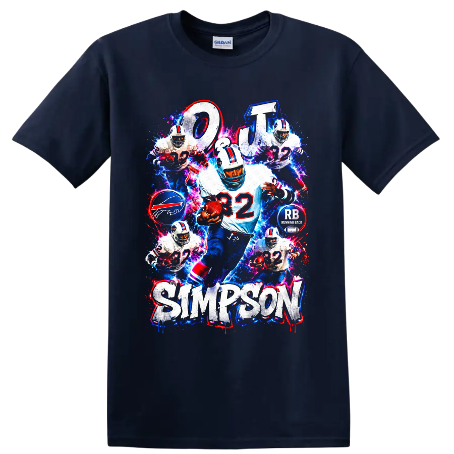 O.J. Simpson Buffalo Bills number 32 running back electric collage graphic on a Navy (Blue) T Shirt