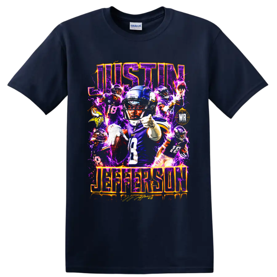 Justin Jefferson Minnesota Vikings number 18 football collage with electric purple on a Navy (Blue) T Shirt