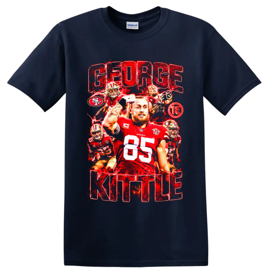 George Kittle 49ers number 85 football collage with distressed GEORGE KITTLE text on a Navy (Blue) T Shirt