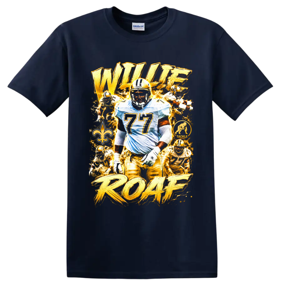 Willie Roaf Saints football collage with number 77, fleur-de-lis, and ROAF lettering on a Navy (Blue) T Shirt
