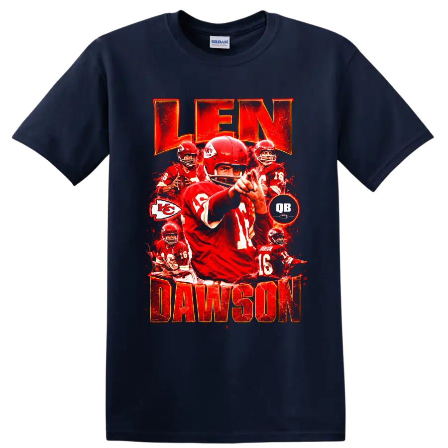 Len Dawson Kansas City Chiefs quarterback vintage red collage with LEN DAWSON text on a Navy (Blue) T Shirt