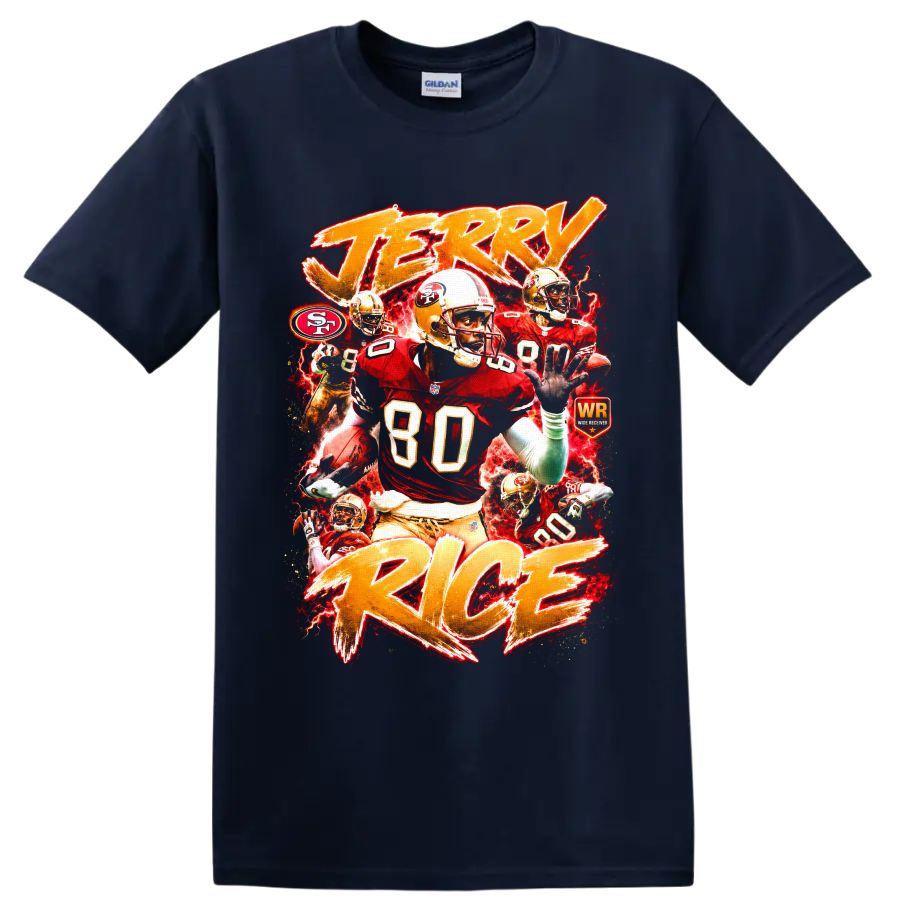 Jerry Rice 49ers wide receiver collage with number 80, red lightning, and gold lettering on a Navy (Blue) T Shirt