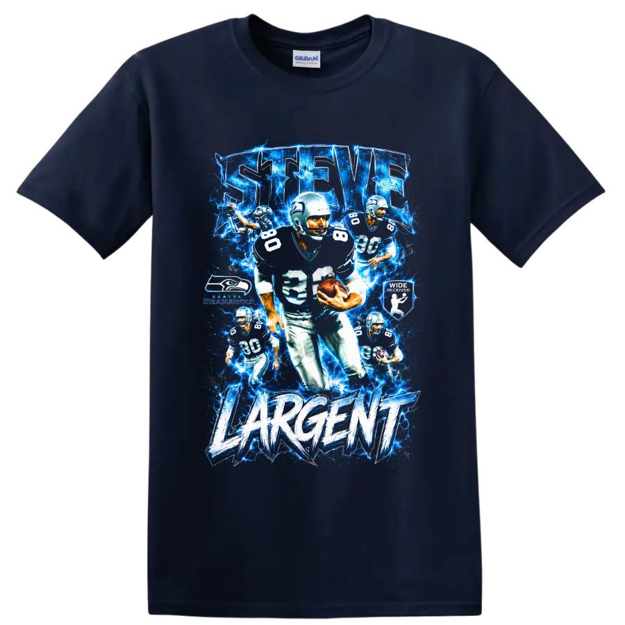 Steve Largent Seattle Seahawks number 80 electric blue football collage with Largent text on a Navy (Blue) T Shirt