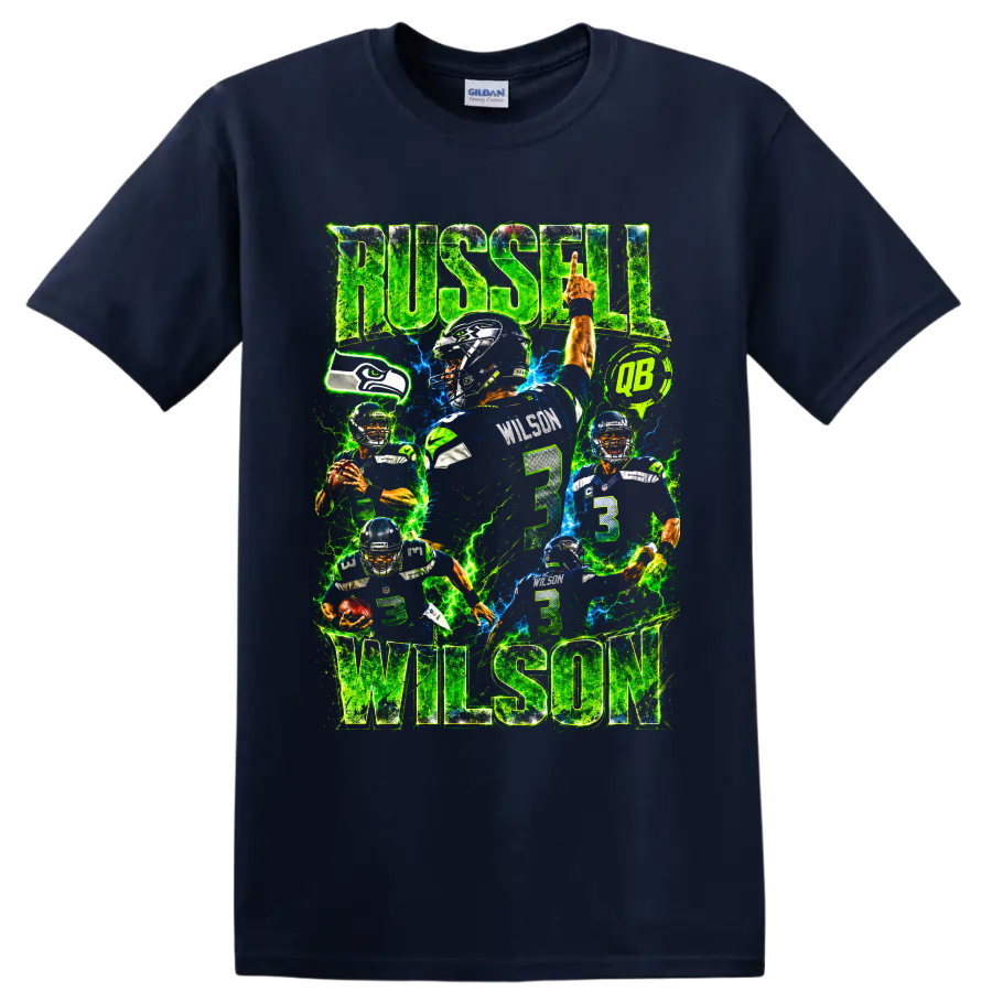 Russell Wilson Seahawks number 3 neon football collage with RUSSELL WILSON text on a Navy (Blue) T Shirt