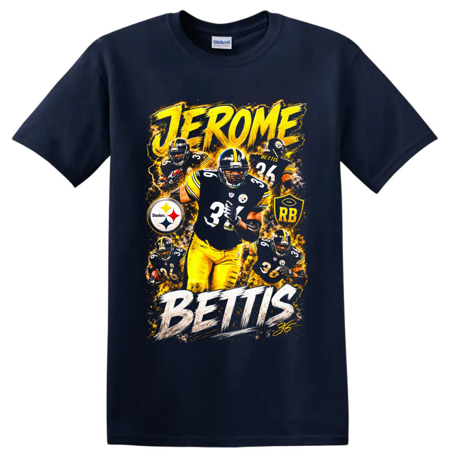 Jerome Bettis Pittsburgh Steelers number 36 fiery football action collage on a Navy (Blue) T Shirt