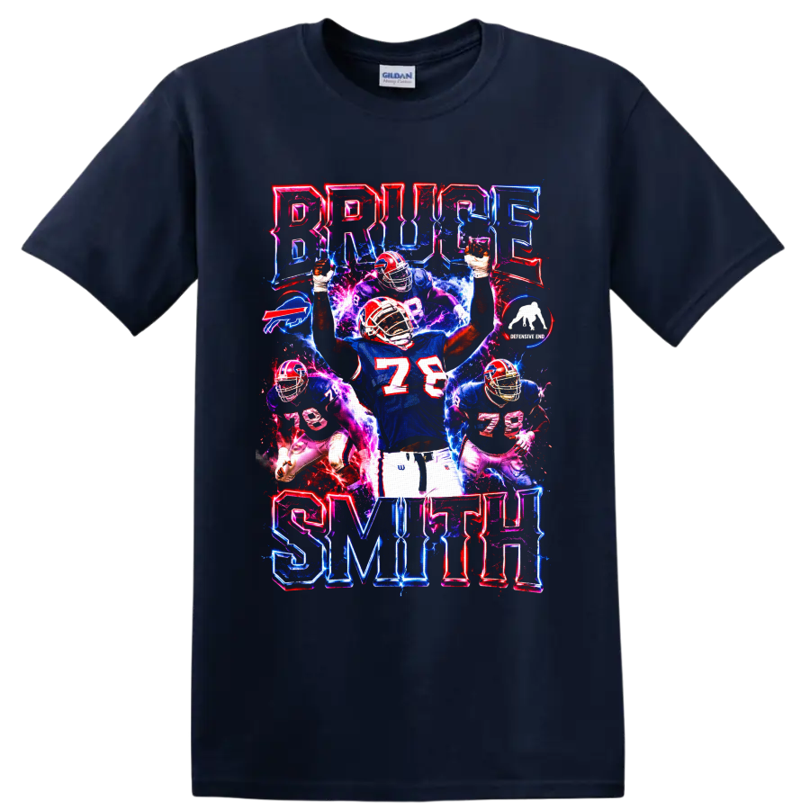 Bruce Smith Buffalo Bills number 78 neon football action collage on a Navy (Blue) T Shirt
