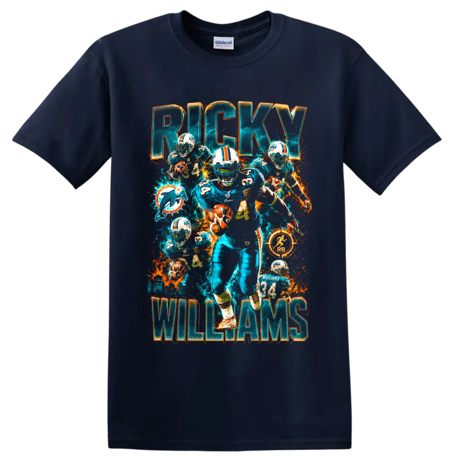 Ricky Williams Miami Dolphins number 34 action collage with RICKY and WILLIAMS text on a Navy (Blue) T Shirt