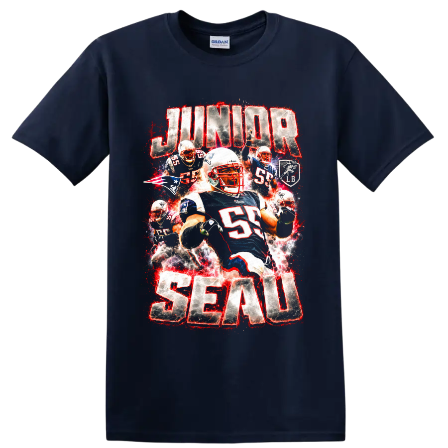 Junior Seau Patriots linebacker action collage with red electric splatter and bold on a Navy (Blue) T Shirt