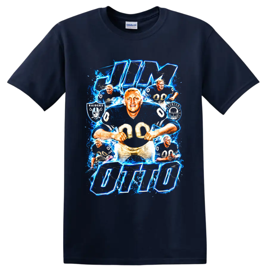 Jim Otto Oakland Raiders number 00 action collage with lightning and bold OTTO lettering on a Navy (Blue) T Shirt