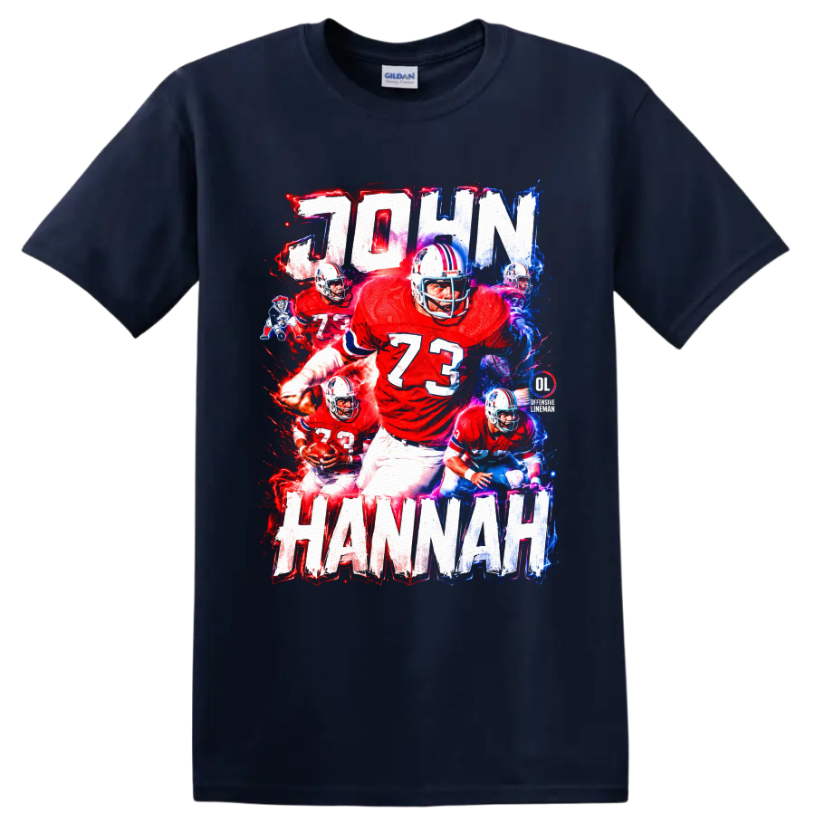 John Hannah number 73 football collage with electric red and blue Patriots artwork on a Navy (Blue) T Shirt