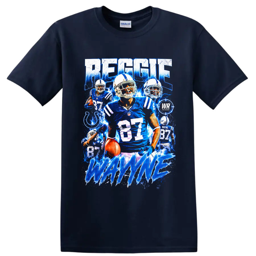 Reggie Wayne Colts number 87 football collage with electric blue action art on a Navy (Blue) T Shirt