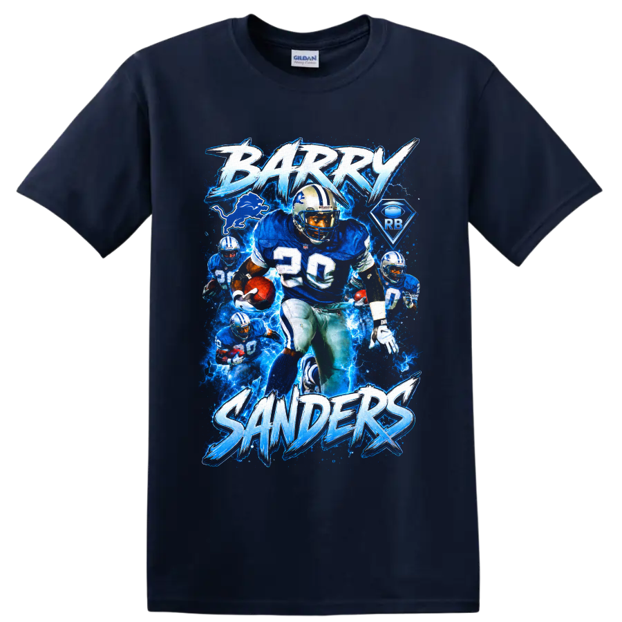 Barry Sanders Detroit Lions number 20 electric blue football action collage on a Navy (Blue) T Shirt