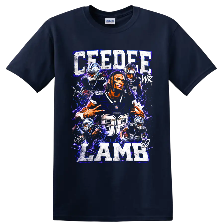 CeeDee Lamb Dallas Cowboys football collage with electric blue lightning and number 88 on a Navy (Blue) T Shirt