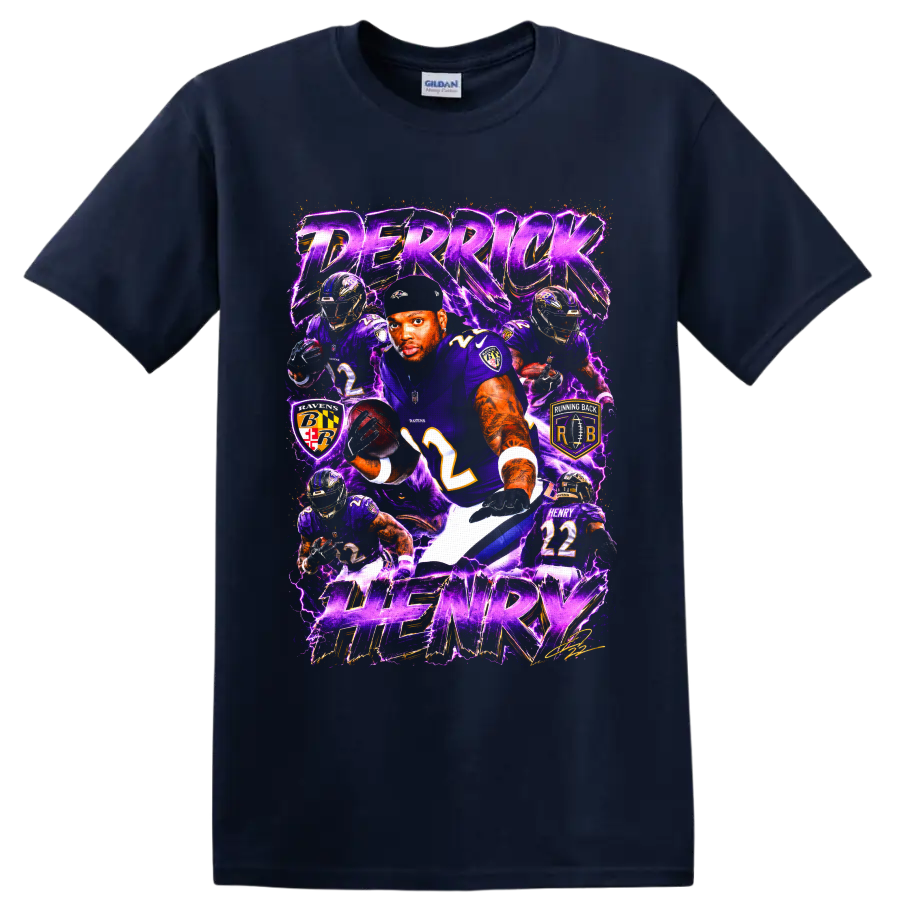 Derrick Henry Ravens No. 22 action collage with purple lightning and HENRY text on a Navy (Blue) T Shirt