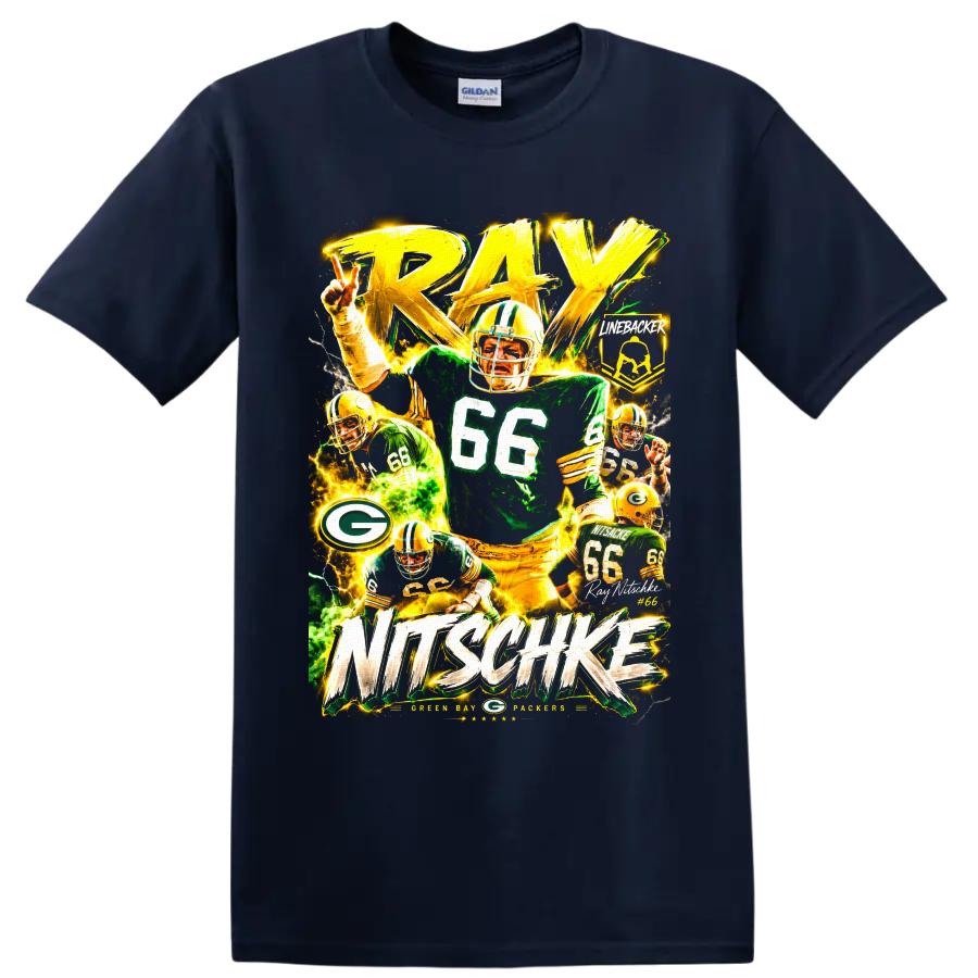 Ray Nitschke Packers number 66 linebacker collage with bold RAY NITSCHKE lettering on a Navy (Blue) T Shirt