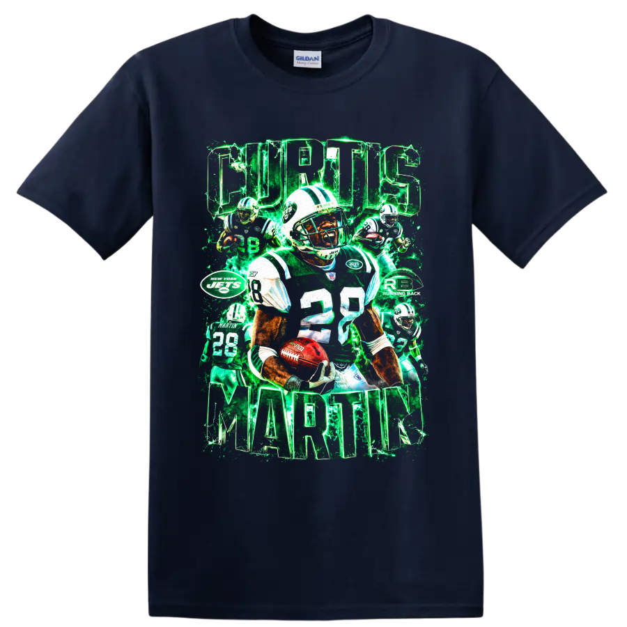 Curtis Martin New York Jets number 28 football collage with neon green lightning on a Navy (Blue) T Shirt