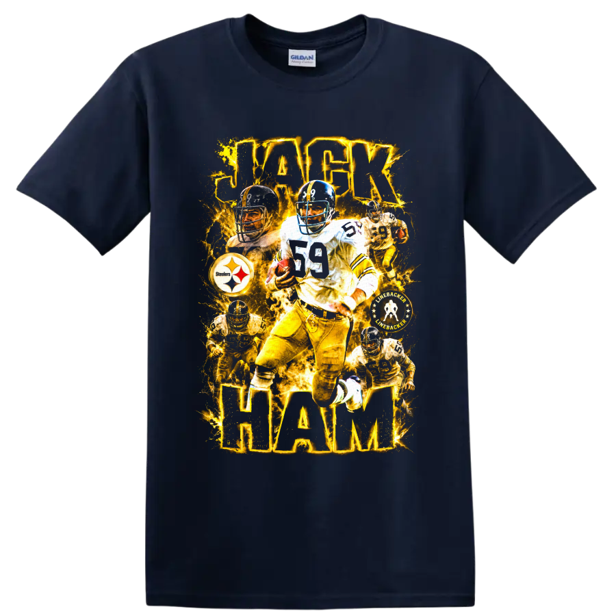 Jack Ham Pittsburgh Steelers number 59 linebacker collage with glowing gold text on a Navy (Blue) T Shirt