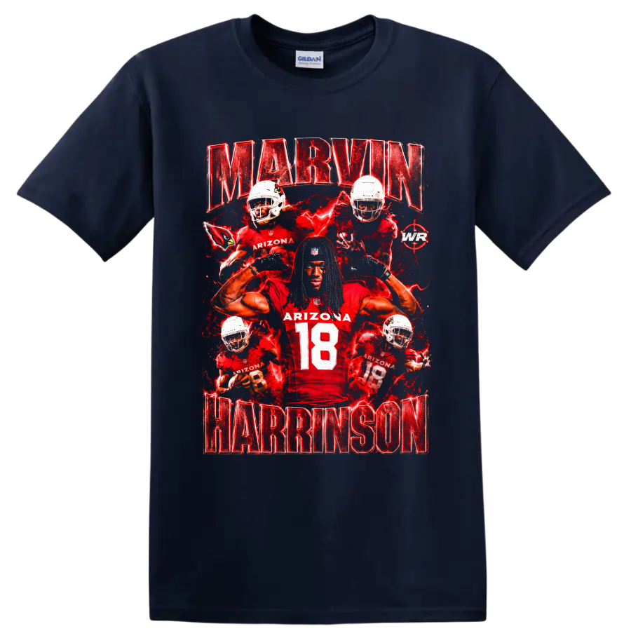 Marvin Harrison Jr Arizona Cardinals number 18 football collage with red lightning on a Navy (Blue) T Shirt