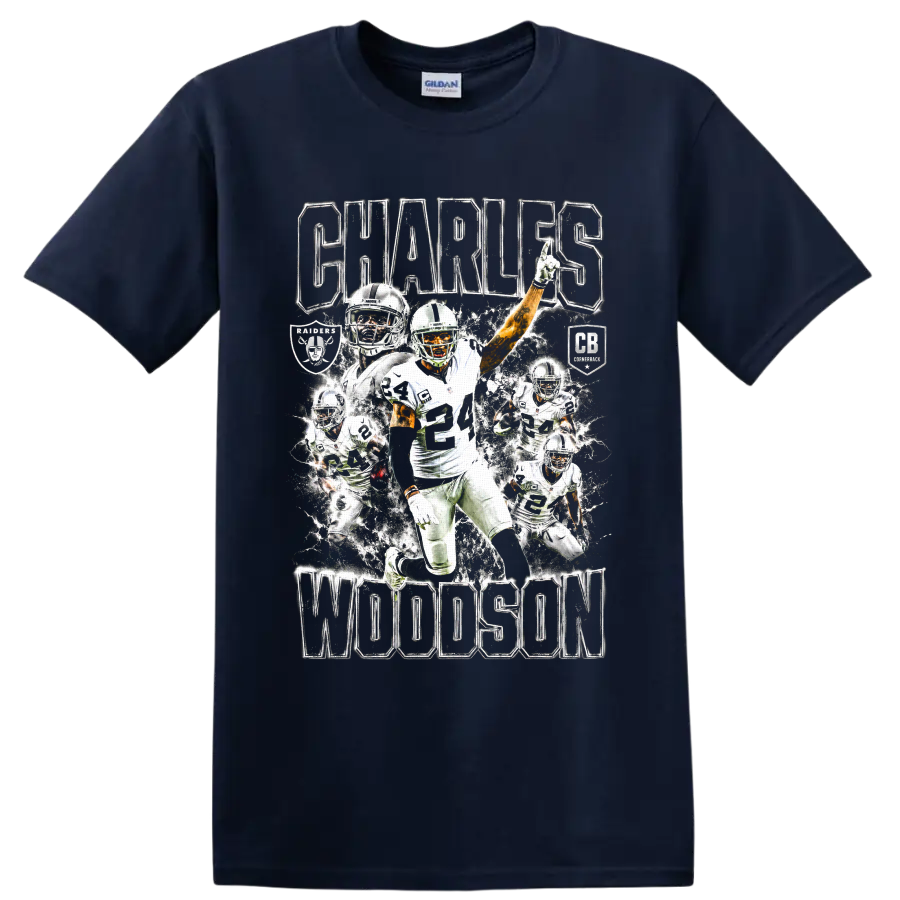 Charles Woodson number 24 football action collage with Raiders graphics and bold lettering on a Navy (Blue) T Shirt