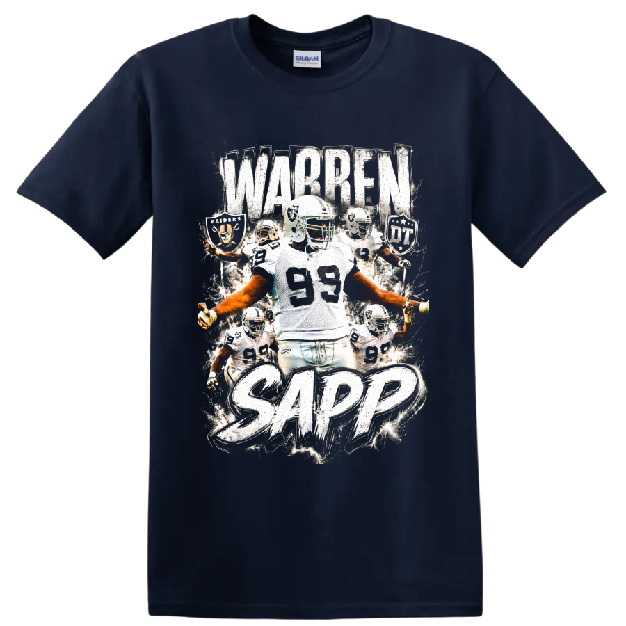 Warren Sapp Raiders number 99 football collage with distressed WARREN SAPP text on a Navy (Blue) T Shirt