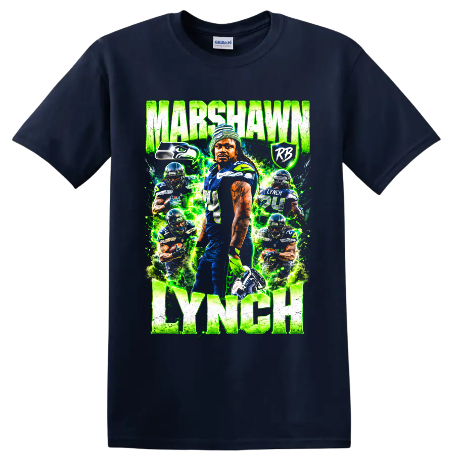 Marshawn Lynch Seattle Seahawks action collage with electric green lightning and name text on a Navy (Blue) T Shirt