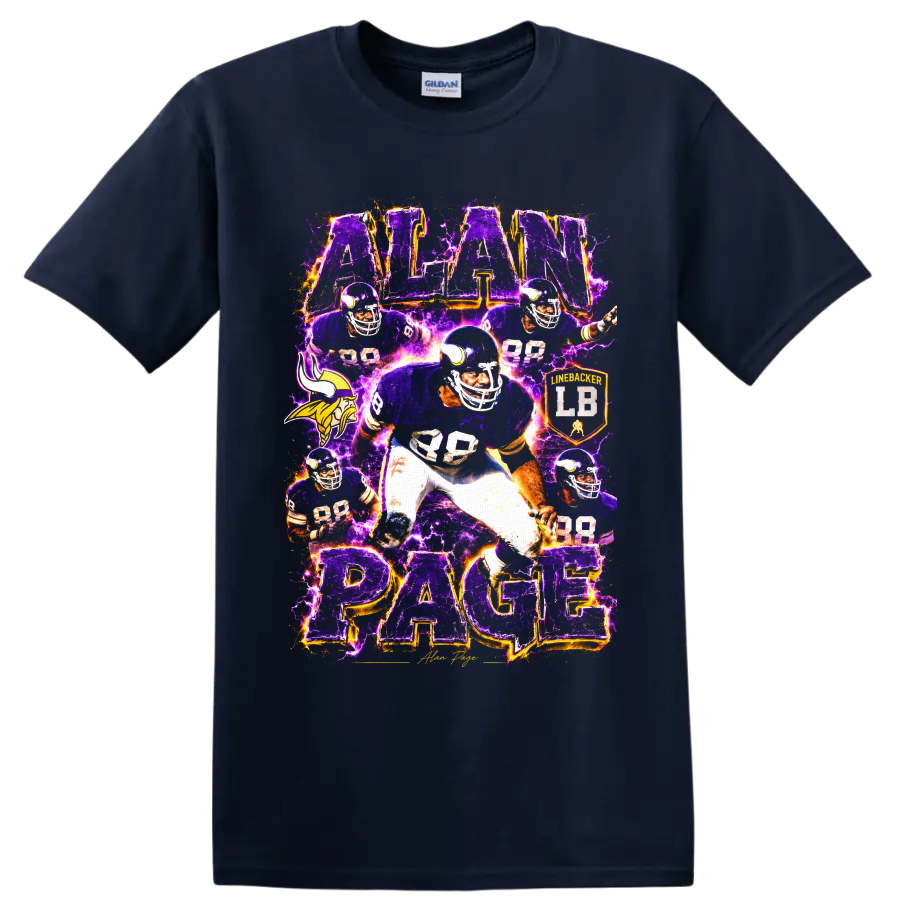 Alan Page 88 Minnesota Vikings-inspired football collage with purple lightning on a Navy (Blue) T Shirt