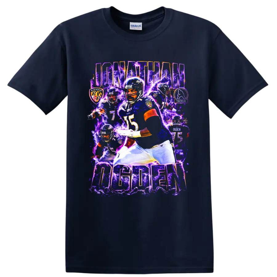 Jonathan Ogden Baltimore Ravens football collage with purple lightning and number 75 on a Navy (Blue) T Shirt