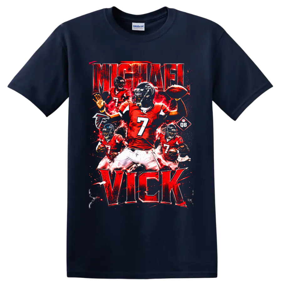 Michael Vick Atlanta Falcons red number 7 football action collage with electric effects on a Navy (Blue) T Shirt