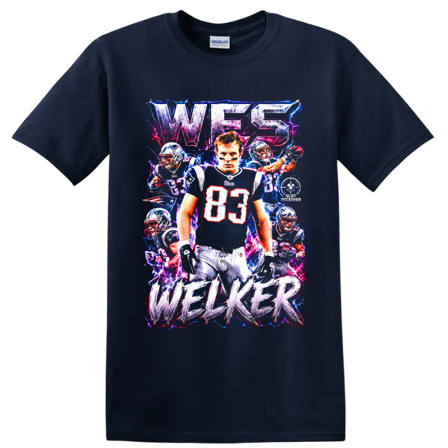 Wes Welker Patriots #83 football collage with neon lightning and distressed lettering on a Navy (Blue) T Shirt