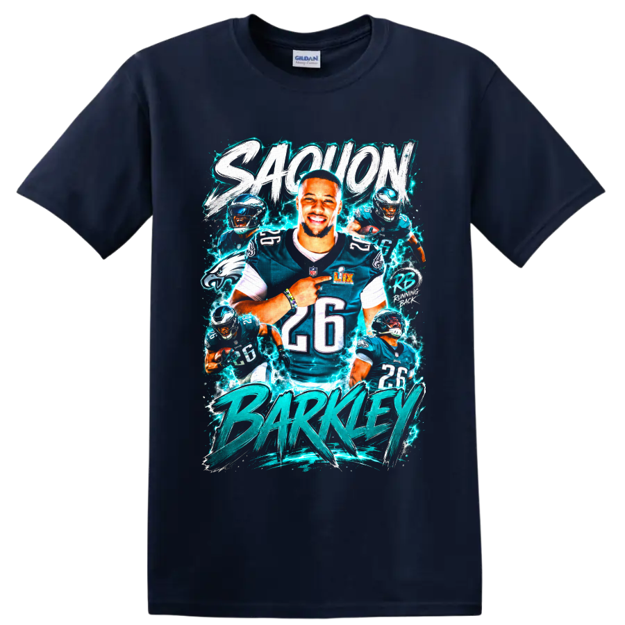 Saquon Barkley Eagles number 26 action collage with electric teal brush lettering on a Navy (Blue) T Shirt