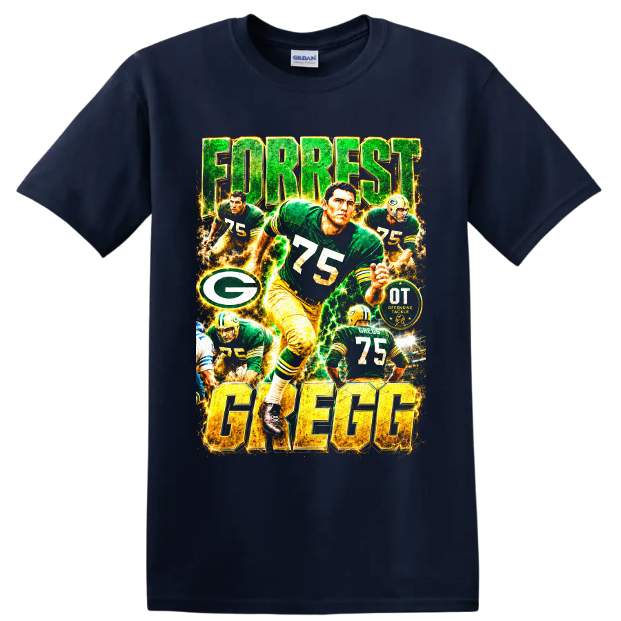 Forrest Gregg number 75 Packers offensive tackle football collage with electric lettering on a Navy (Blue) T Shirt