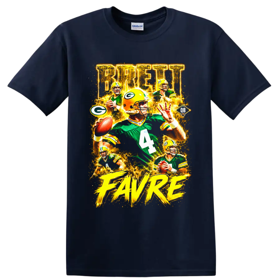 Brett Favre Green Bay Packers number 4 vintage football collage graphic on a Navy (Blue) T Shirt