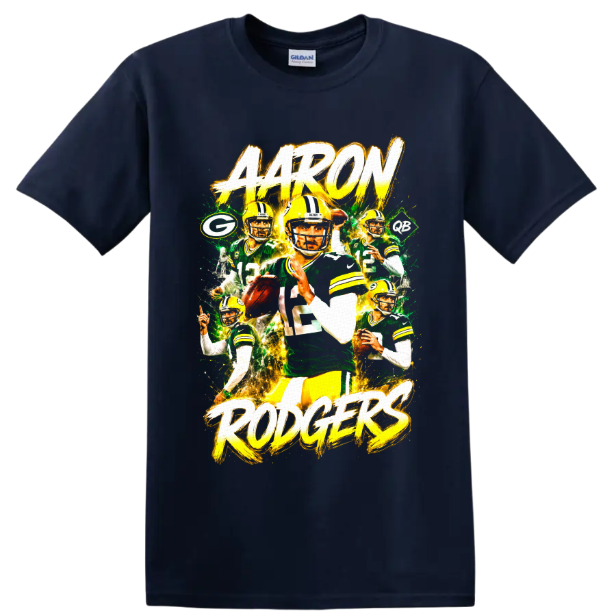 Aaron Rodgers Packers quarterback action collage with AARON RODGERS brush lettering on a Navy (Blue) T Shirt