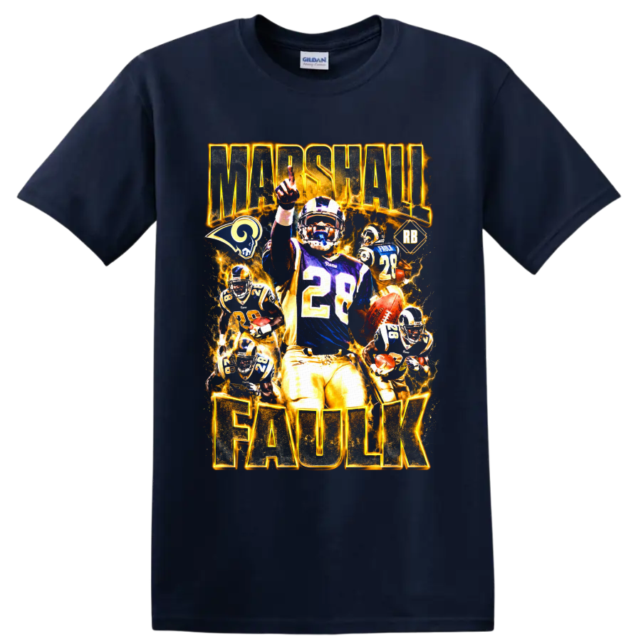 Marshall Faulk St. Louis Rams number 28 football collage with fiery gold lettering on a Navy (Blue) T Shirt
