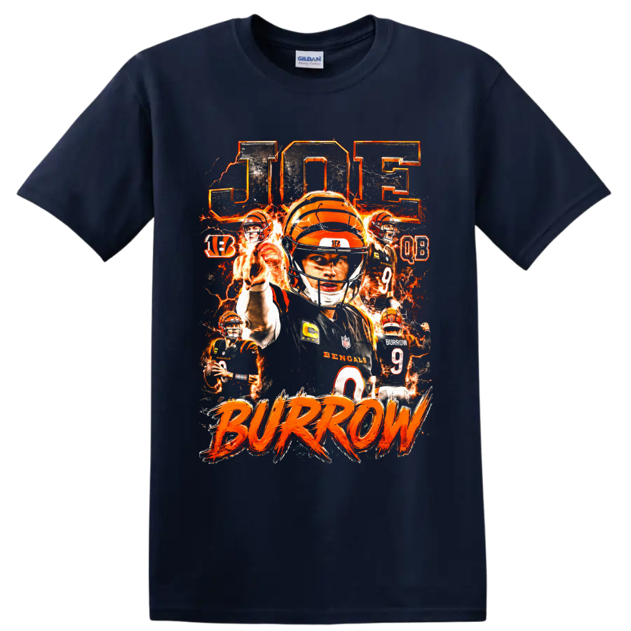 Joe Burrow Bengals number 9 fiery quarterback collage with BURROW lettering on a Navy (Blue) T Shirt