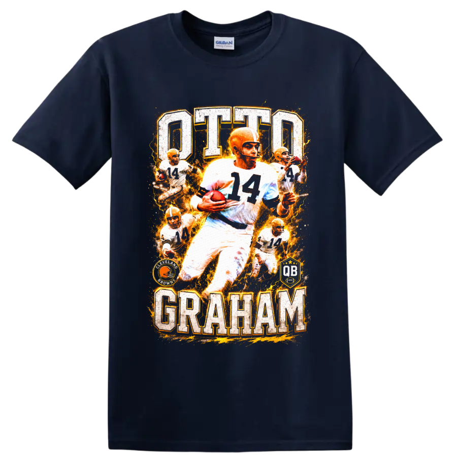 Otto Graham No. 14 Cleveland Browns vintage action collage with OTTO GRAHAM lettering on a Navy (Blue) T Shirt