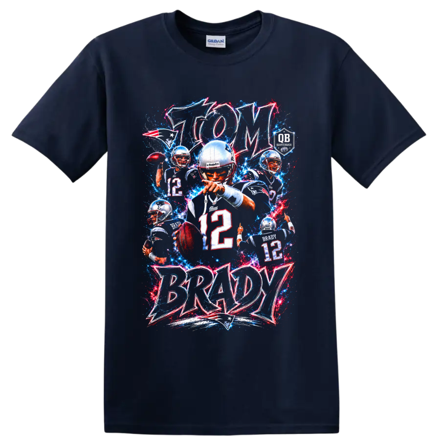 Tom Brady Patriots quarterback collage with number 12 and electric GOAT lettering on a Navy (Blue) T Shirt